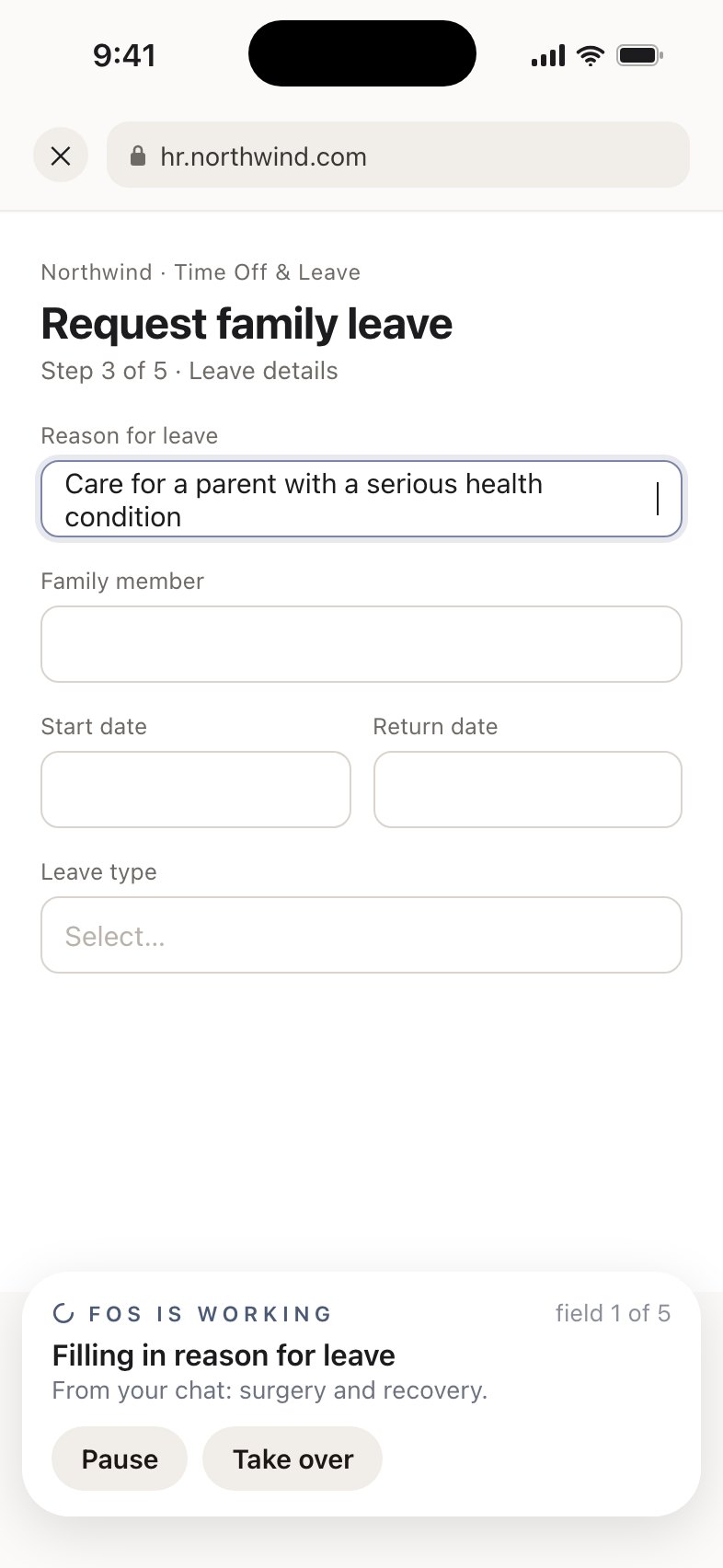 FOS filling in a family leave request on the employer’s HR portal, one field at a time