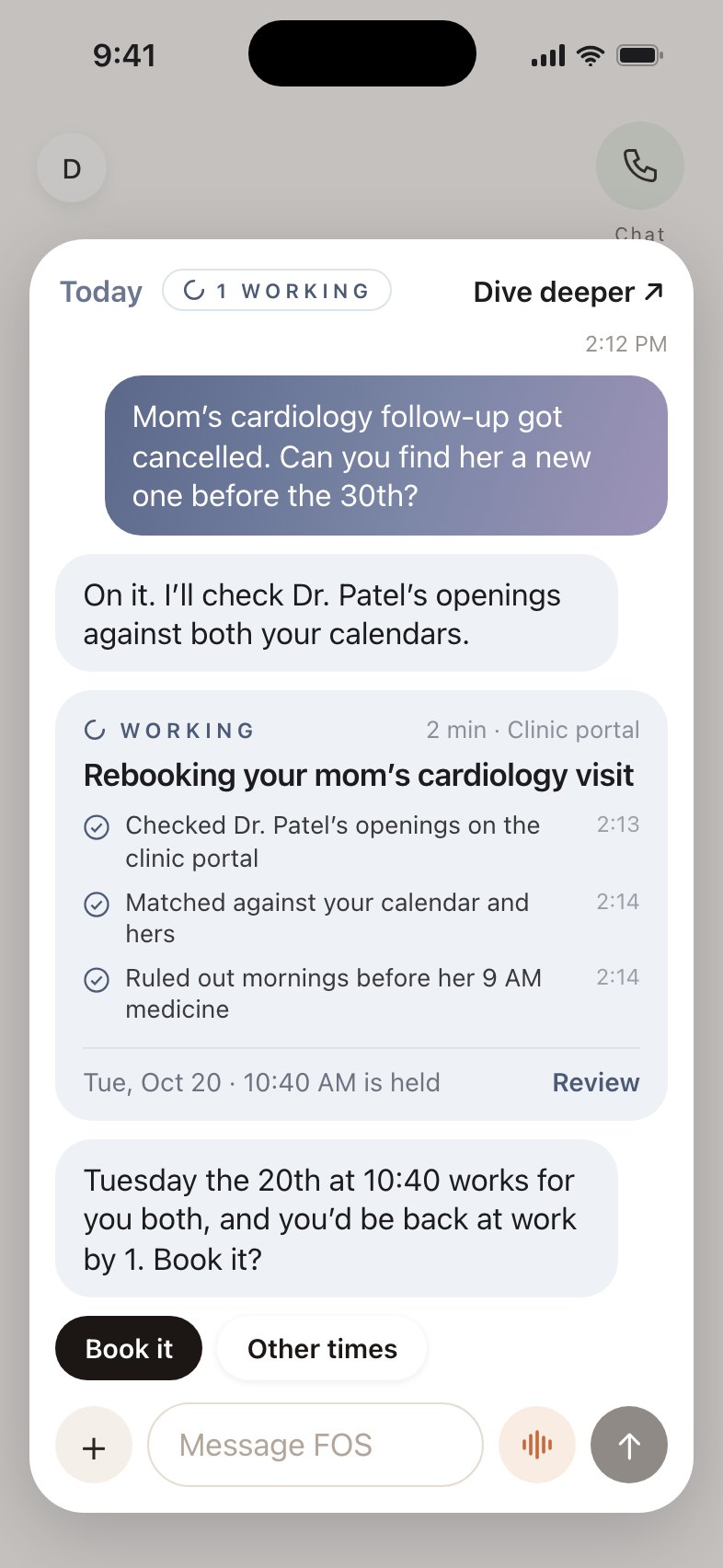 FOS rebooking a cancelled cardiology visit after checking the clinic portal and both calendars