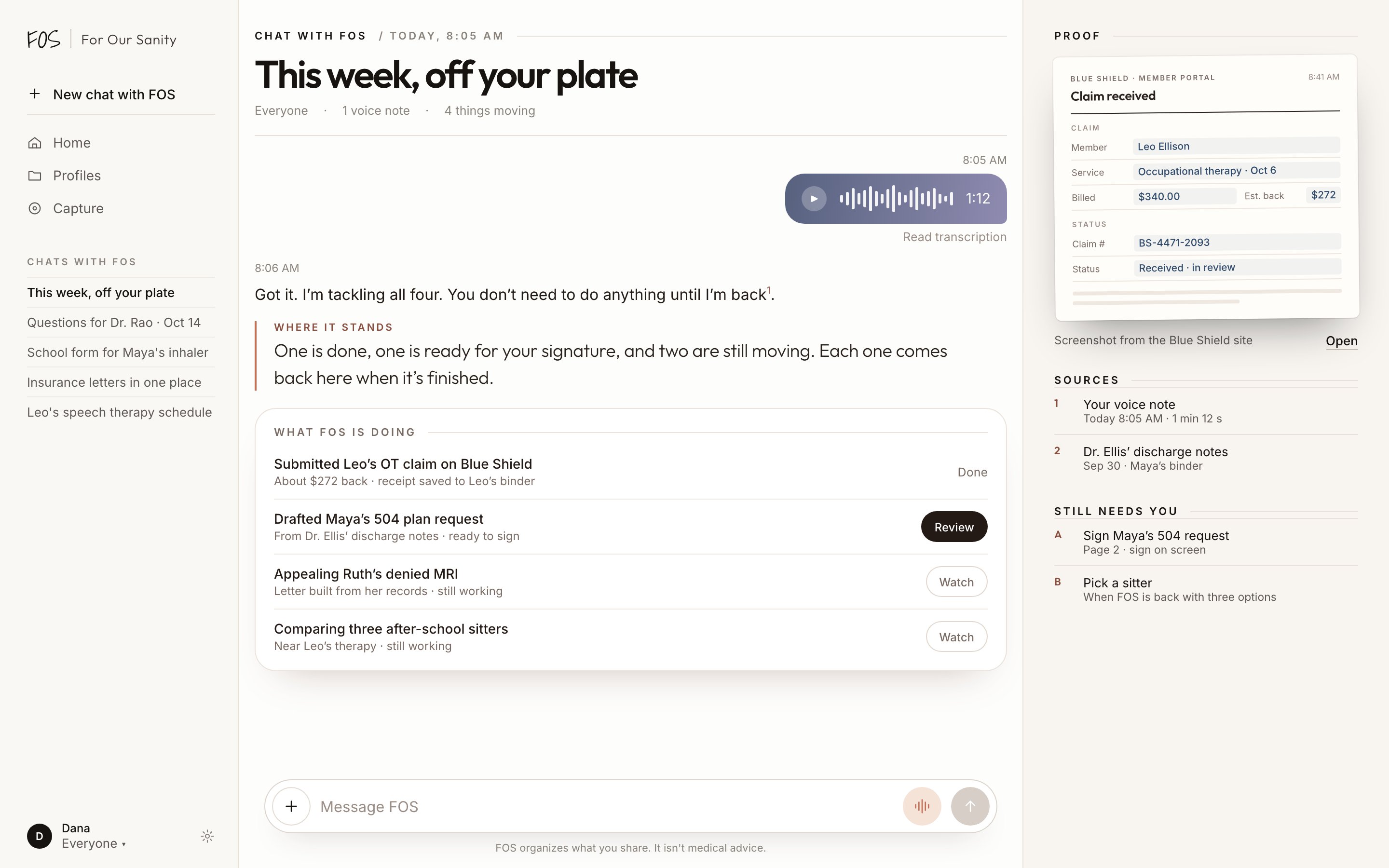 FOS on the web: from one voice note, FOS submits a claim, drafts a 504 request, appeals a denied MRI and compares sitters